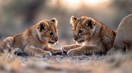 Fototapeta premium Two playful lion cubs engage in a curious stare, set against a soft, blurred background, This image captures the innocence of wildlife, ideal for educational materials, blogs