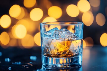 Glass of whiskey on the rocks with a blurry background of warm yellow lights. Perfect for bar, party, or nightlife themes.