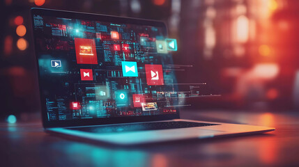 A laptop with a glowing screen displaying digital icons and code, representing the digital world.