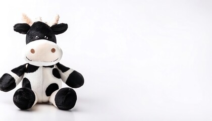 Naklejka premium Stuffed animal of a black and white milk cow. cute, adorable, plush, soft, companion friend and night time sleep toy for young boy and girl children. Isolated on white background with copy space