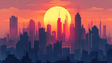 Fototapeta premium A minimalist cityscape silhouette with a large sun in the background.