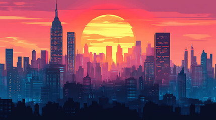 Silhouettes of skyscrapers against a vibrant sunset, creating a captivating city skyline.