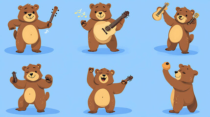 Fototapeta premium Set of cartoon bears playing music and dancing.