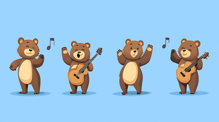 Four cute brown bears in various musical poses. One is singing, two are playing guitar, and one is clapping his paws.