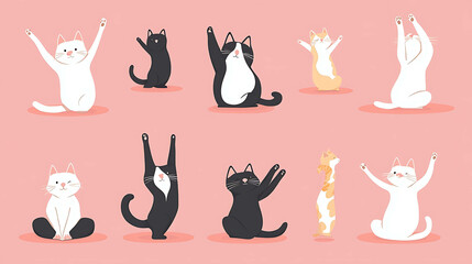 Cute illustration of ten cats stretching and doing yoga poses.