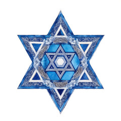 Watercolor blue Star of David featuring intricate decorative patterns and floral details