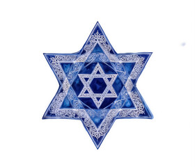 Watercolor blue Star of David featuring intricate decorative patterns and floral details