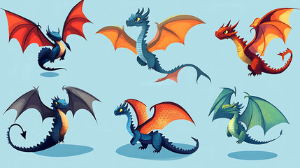 Obraz premium Six cartoon dragons of different colors with wings outstretched.