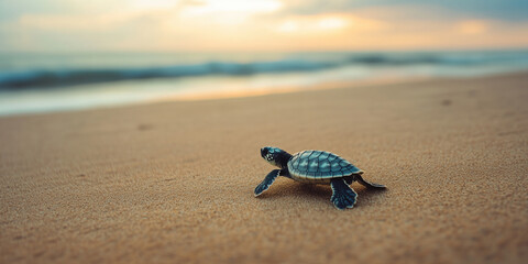 A baby turtle making its way to the ocean