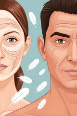 a poster for a man and a woman with feathers on their face.