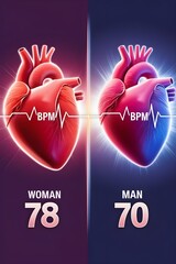 Two hearts side by side display faster heartbeat for the woman's heart with 78 bpm, and mans 70 bpm