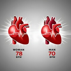 Two hearts side by side display faster heartbeat for the woman's heart with 78 bpm, and mans 70 bpm