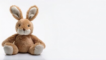 Stuffed animal of a bunny rabbit.  cute, adorable, plush, soft, companion friend and night time sleep toy for young boy and girl children.  Isolated on white background with copy space
