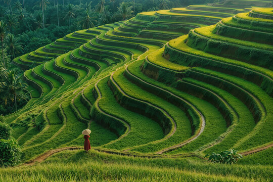 Lush terraced rice fields in Bali at sunrise