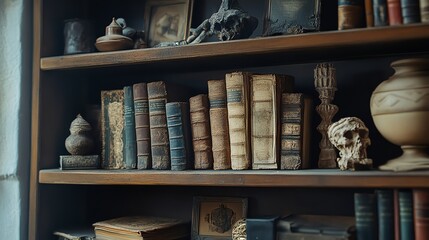 A wooden bookshelf filled with antique books, skulls and other oddities.