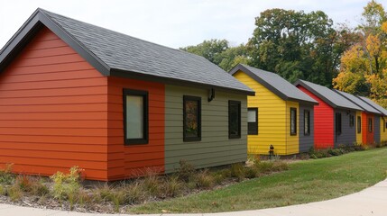 Naklejka premium A series of artist studios on a university campus, each featuring a different style and color of fiber cement siding to inspire creativity