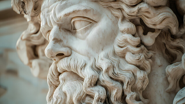 Close up of ancient statue of zeus god of thunder intricately carved and made from marble. Olympian Pantheon. Illustration