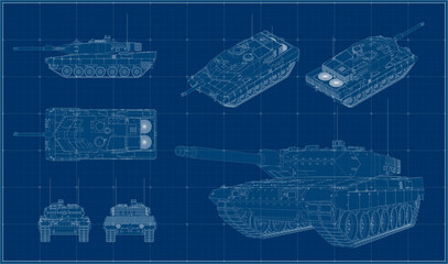 German battle tank of the second generation. Blueprint. Four projections, isometry and perspective.