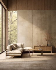 Japandi rustic minimalist, wabi sabi style simple living room interior with high ceiling and large windows in neutral tones