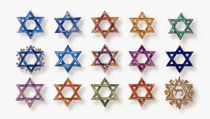 Watercolor multi colored rows of Stars of David symbols in various vibrant hues on a light background