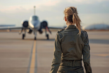 An image of a female pilot standing on a runway, facing a jet aircraft in the distance. The woman is seen from behind, wearing an olive-green flight suit with her hair tied in a ponytail.