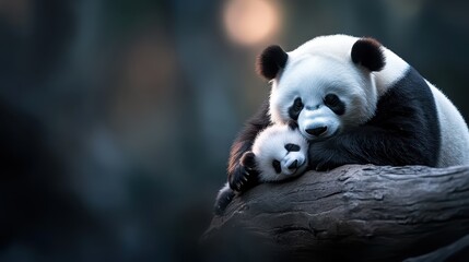 A tender moment between a mother panda and her cub resting on a tree branch, showcasing their bond, Ideal for wildlife conservation materials, children's books, and nature-themed projects,
