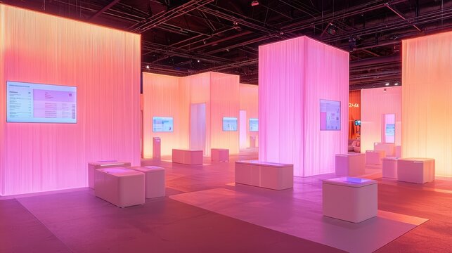 Pink Exhibition Booth with White Platforms and Screens