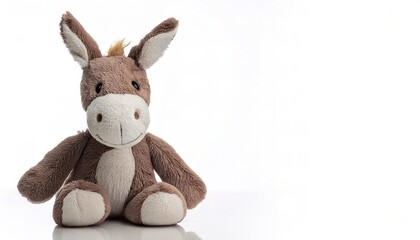 Obraz premium Stuffed animal of a donkey or mule. cute, adorable, plush, soft, companion friend and night time sleep toy for young boy and girl children. Isolated on white background with copy space