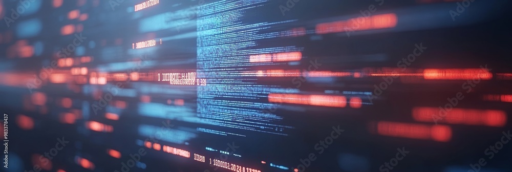 Aufkleber digital security blue and red code lines of secure software development on a blurred background.