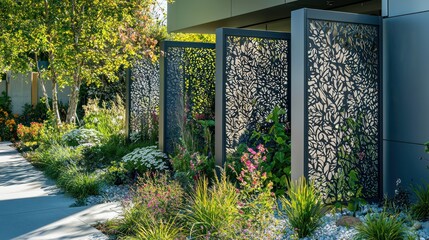 A series of decorative screens made from laser-cut aluminum siding, used to create privacy in urban gardens while adding a touch of modern design