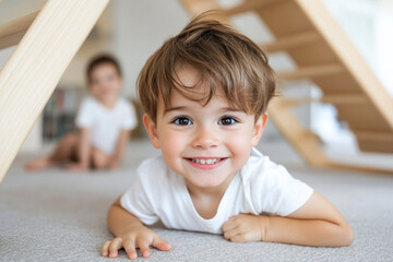 Fototapeta premium Smiling Child Playing Indoors with Sibling in Background