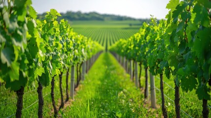 Fototapeta premium Lush Green Grape Vines in a Vineyard Rows of Grapevines Wine Country Landscape Summer Vineyards Green Foliage