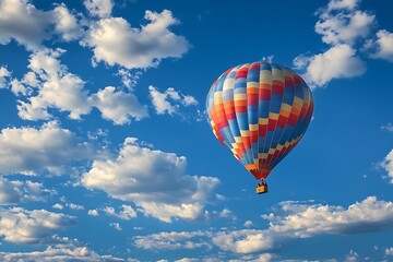 Fototapeta premium Colorful hot air balloon floating in a blue sky with white clouds