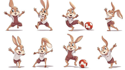 Fototapeta premium Cute cartoon bunnies in different poses, including playing soccer.
