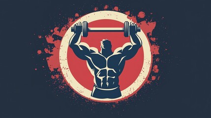 Obraz premium A stylized, retro weightlifter, holding a barbell overhead, in a circle with a distressed red background.