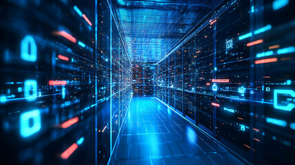 Futuristic server room with glowing data streams.
