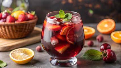 Fresh Fruit Sangria in Glass with Mint and Lemon on Rustic Table
