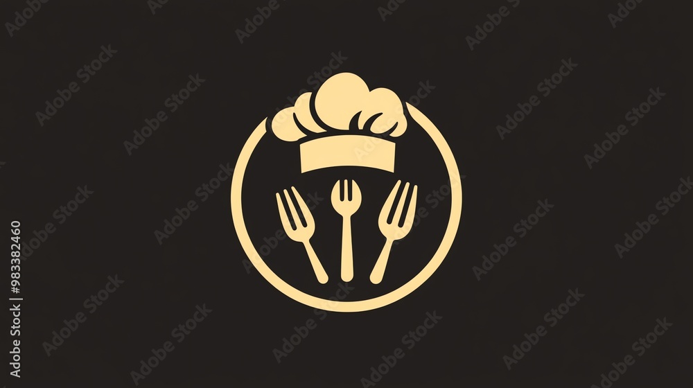 Poster simple logo design of a chef hat with three forks in a circle.