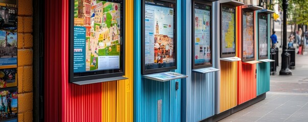 A series of kiosks along a city's cultural mile, constructed from colorful aluminum siding, offering information, maps, and interactive screens about historical and cultural sites