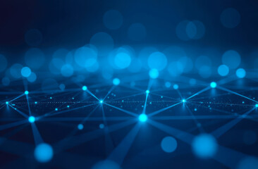 Blurred image of network representation with glowing blue nodes and lines. Abstract networking technology visualization. Concept for globalization, global business and social media. Blue toned