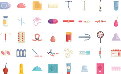 This is a large set of colorful icons depicting various methods of contraception and birth control for family planning