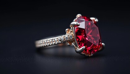 Luxurious Ruby Solitaire Ring with Diamond-Studded Band on a Black Background