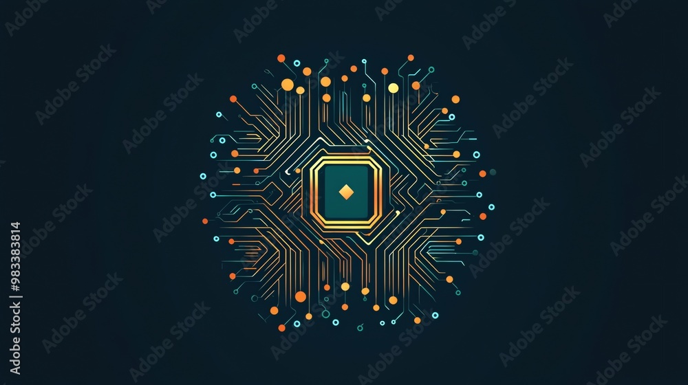 Poster a stylized circuit board design features glowing lines and dots, creating a futuristic and technolog