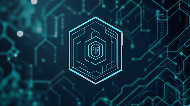 Abstract futuristic tech background with a hexagon shape in the center and lines of code