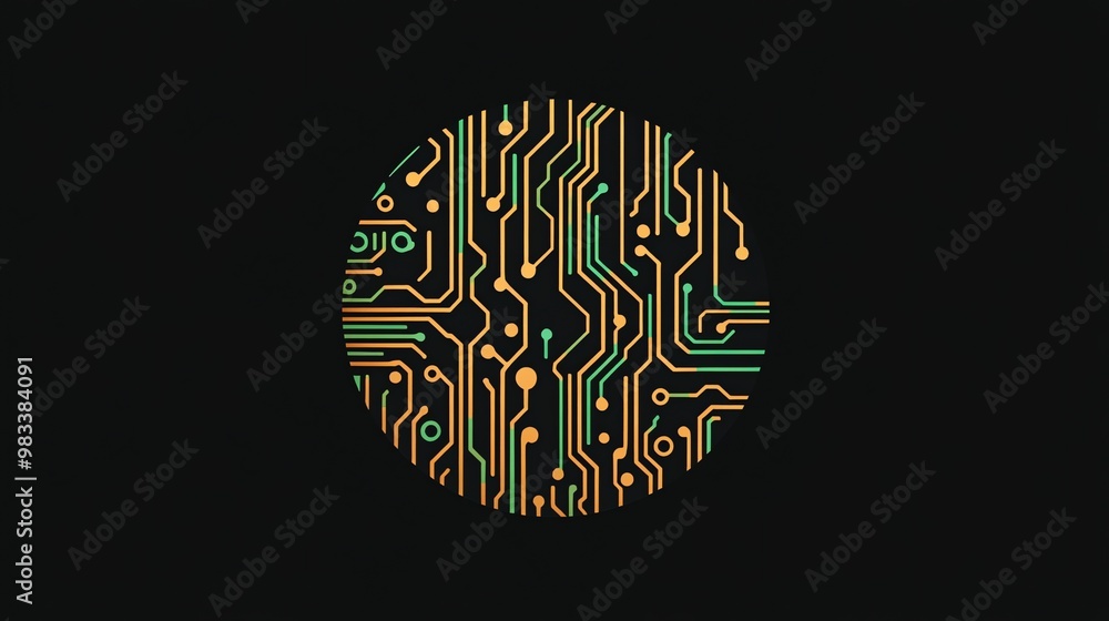 Poster an abstract circular design featuring a circuit board pattern in green and orange, on a black backgr