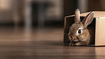 Obraz premium A cute rabbit peeks out from a cardboard box on a wooden floor, creating a whimsical and cozy atmosphere, Perfect for pet care articles, children's themes, or nature-focused content,