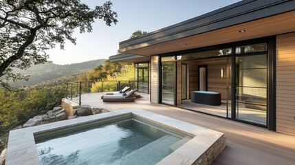 A series of luxury spa retreats with exterior aluminum siding that mimics natural elements like wood and stone, blending high-end design with nature