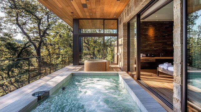 A series of luxury spa retreats with exterior aluminum siding that mimics natural elements like wood and stone, blending high-end design with nature