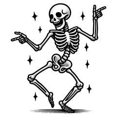 Fototapeta premium skeleton dancing, dance pose, exuding a fun and spooky vibe sketch engraving generative ai PNG illustration. Scratch board imitation. Black and white image.