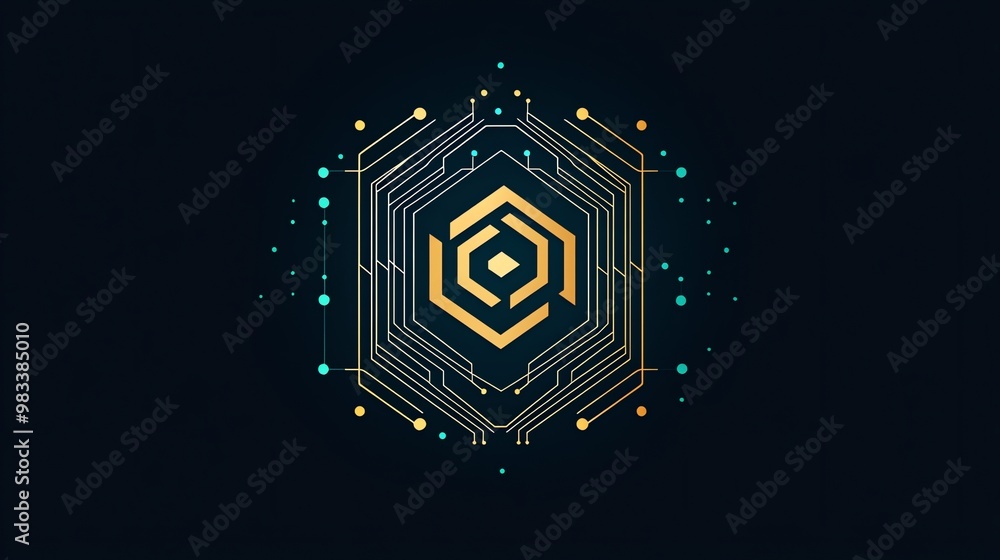 Aufkleber a futuristic abstract design of a gold hexagon with a circuit board surrounding it.